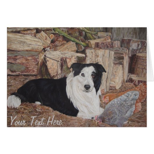 border collie in log shed with chickens portrait (Front Horizontal)