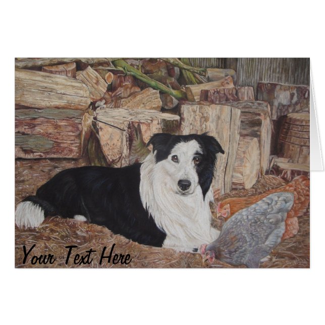 border collie in log shed with chickens portrait cards (Front Horizontal)