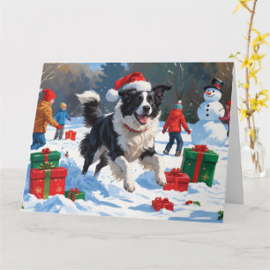 Border Collie in Santa Hat Playing in Snow Card