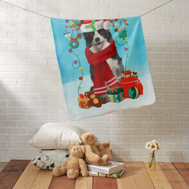 Border Collie in snow with Christmas gifts  Baby Blanket (In Situ)
