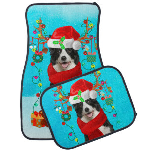 Border Collie in snow with Christmas gifts Car Floor Mat