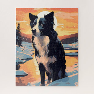 Border Collie in the snowy forest during sunset Jigsaw Puzzle