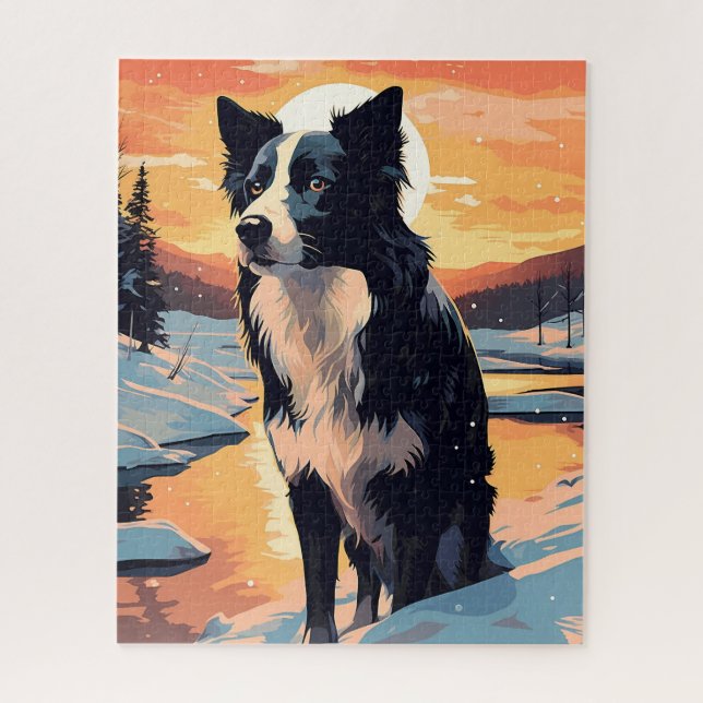 Border Collie in the snowy forest during sunset Jigsaw Puzzle (Vertical)