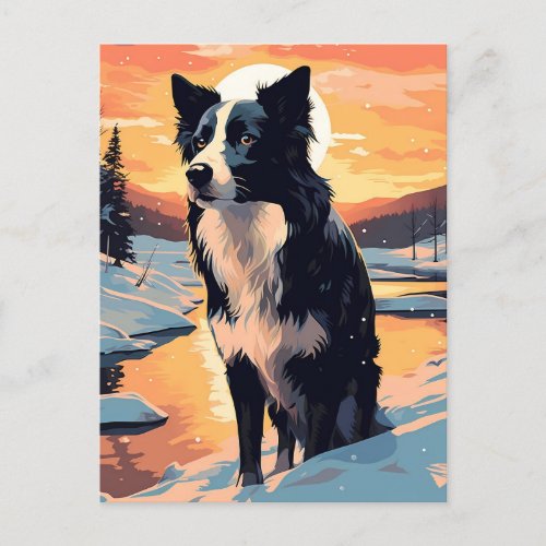 Border Collie in the snowy forest during sunset Postcard