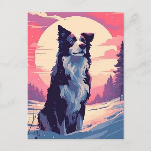 Border Collie in the snowy forest during sunset Postcard