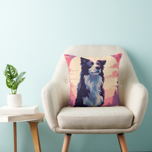 Border Collie in the snowy forest during sunset Throw Pillow