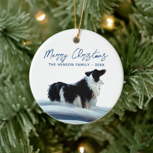 Border Collie in Winter Snow Christmas Holiday Ceramic Ornament