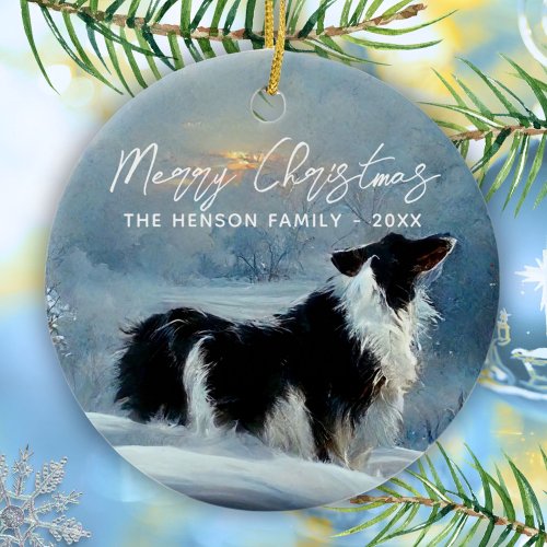 Border Collie in Winter Snow Christmas Holiday  Ceramic Ornament