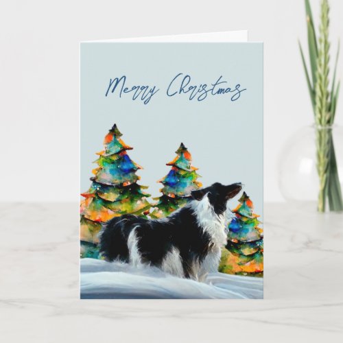 Border Collie in Winter Snow Christmas Tree Card