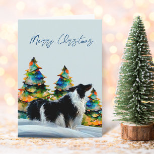 Border Collie in Winter Snow Christmas Tree Card