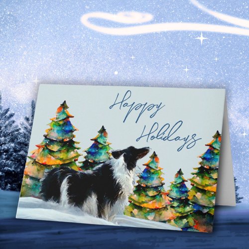 Border Collie in Winter Snow Christmas Tree Card