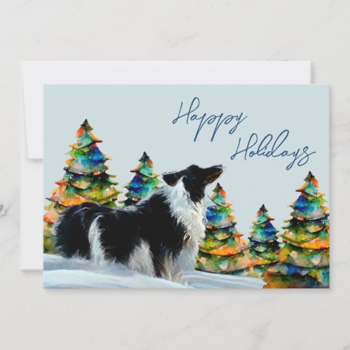 Border Collie in Winter Snow Christmas Tree  Holiday Card