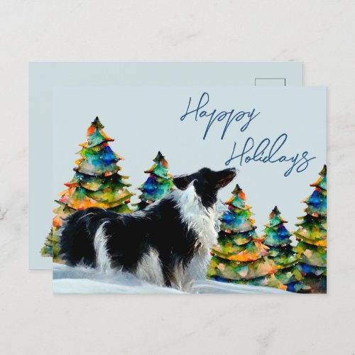 Border Collie in Winter Snow Christmas Tree Holiday Postcard