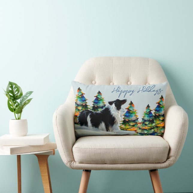 Border Collie in Winter Snow Christmas Tree  Lumbar Pillow (Chair)