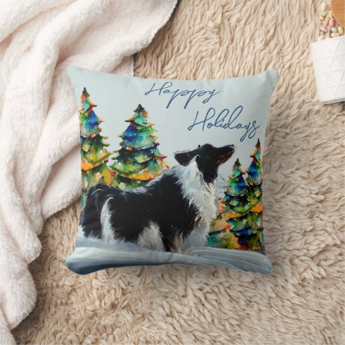 Border Collie in Winter Snow Christmas Tree  Throw Pillow