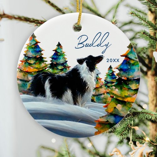 Border Collie in Winter Snow Forest Christmas Tree Ceramic Ornament