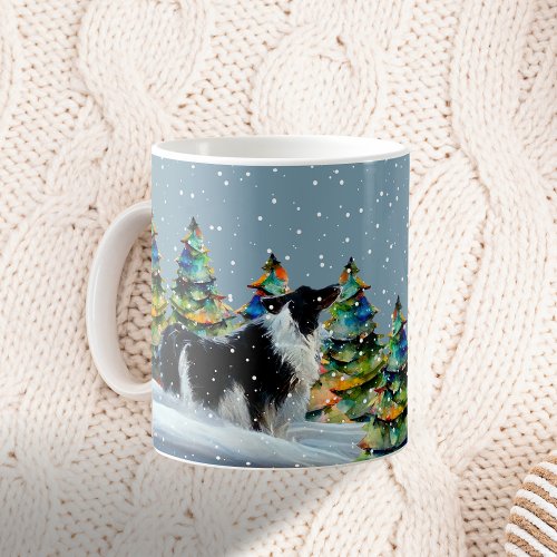 Border Collie in Winter Snow Forest Christmas Tree Coffee Mug