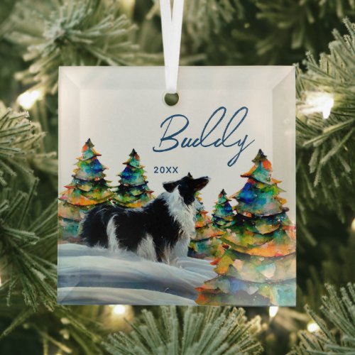Border Collie in Winter Snow Forest Christmas Tree Glass Ornament