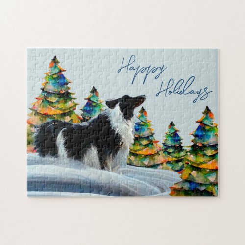 Border Collie in Winter Snow Forest Christmas Tree Jigsaw Puzzle