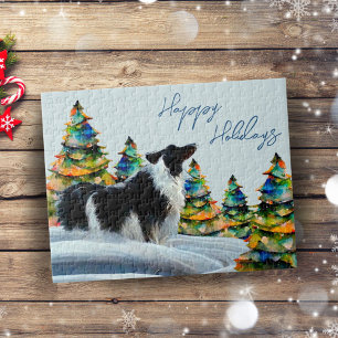 Border Collie in Winter Snow Forest Christmas Tree Jigsaw Puzzle