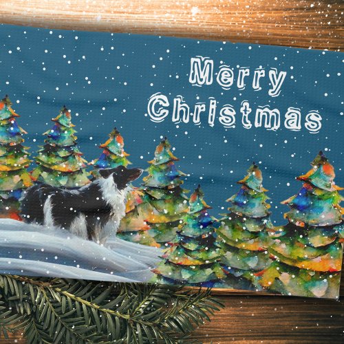 Border Collie in Winter Snow Forest Christmas Tree Kitchen Towel