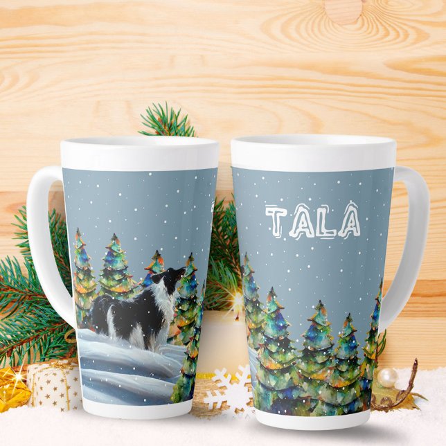 Border Collie in Winter Snow Forest Christmas Tree Latte Mug (Creator Uploaded)