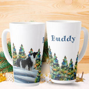 Border Collie in Winter Snow Forest Christmas Tree Latte Mug