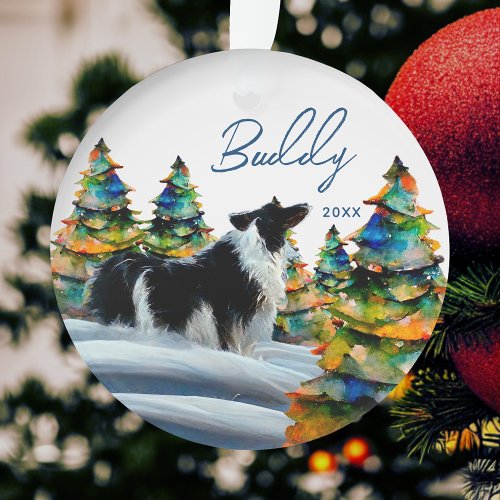 Border Collie in Winter Snow Forest Christmas Tree Ornament