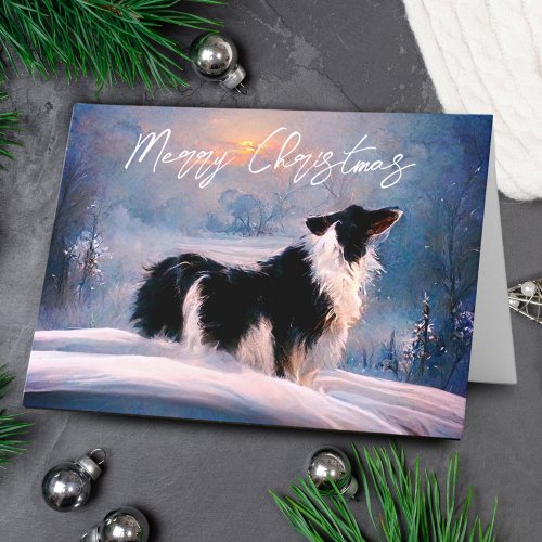 Border Collie in Winter Snow Landscape Christmas Holiday Card