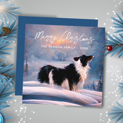 Border Collie in Winter Snow Landscape Christmas  Holiday Card
