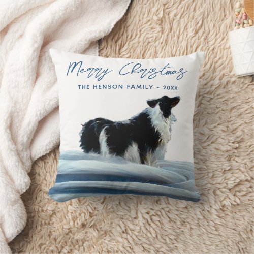 Border Collie in Winter Snow Merry Christmas Throw Pillow