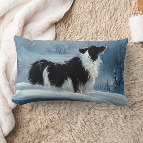 Border Collie in Winter Snowy Landscape Artistic  Lumbar Pillow