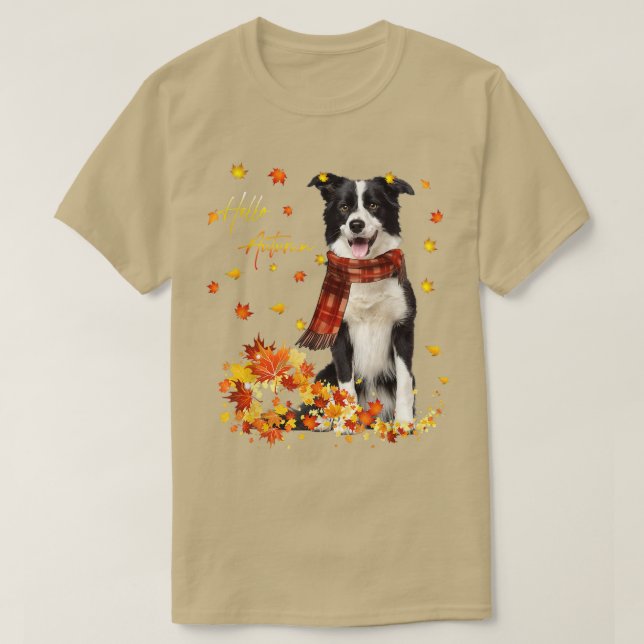 Border Collie Leaf Fall Hello Autumn For Dog Lover T-Shirt (Design Front)