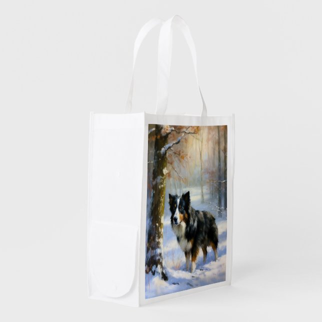 Border Collie Let It Snow Christmas Grocery Bag (Front Side)
