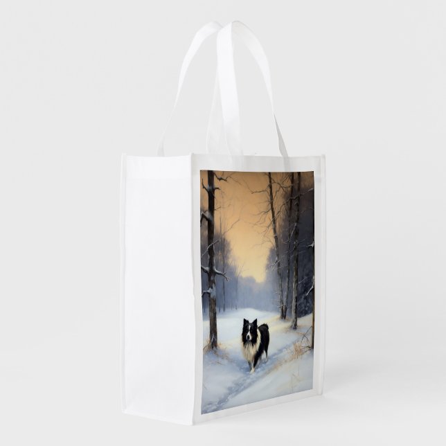 Border Collie Let It Snow Christmas Grocery Bag (Back Side)