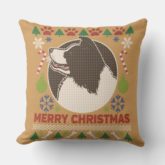 Border Collie Merry Christmas Ugly Sweater Throw Pillow (Front)