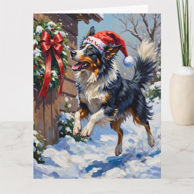 Border Collie Mid-Air Christmas Bow Catch Hat Card (Front)