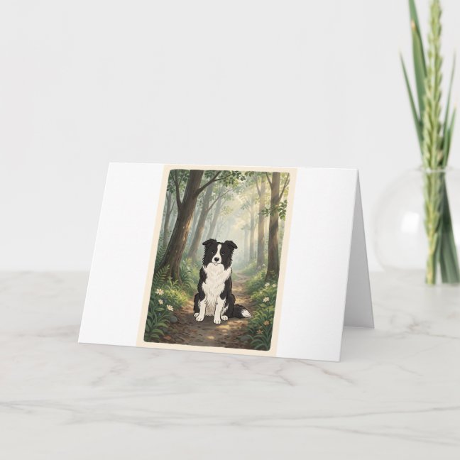 Border Collie Misty Forest Trail Greeting Card