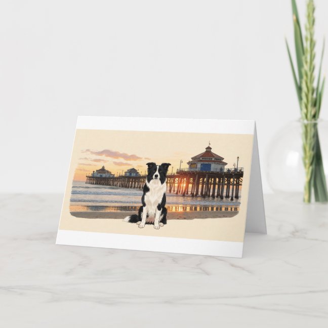 Border Collie Ocean Pier Sunset Greeting Card