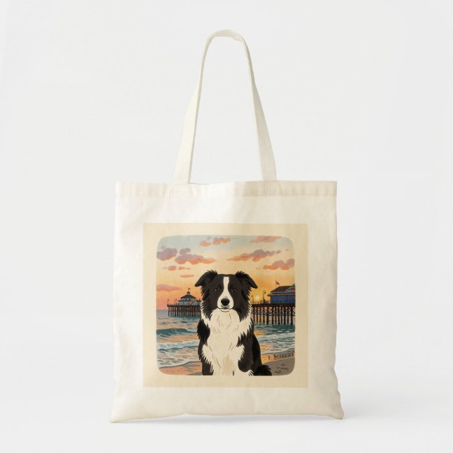 Border Collie Ocean Pier Sunset Tote Bag