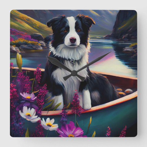 Border Collie on a Paddle A Scenic Adventure Square Wall Clock
