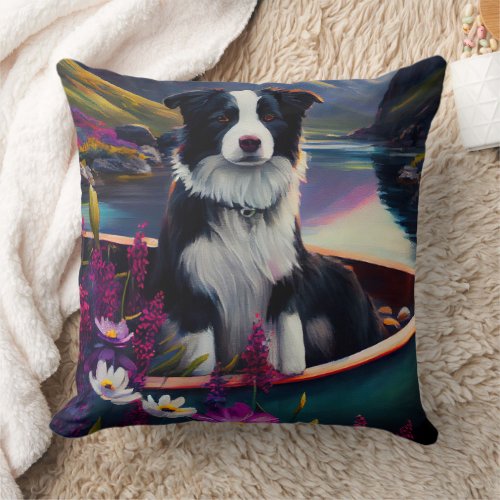 Border Collie on a Paddle A Scenic Adventure  Throw Pillow