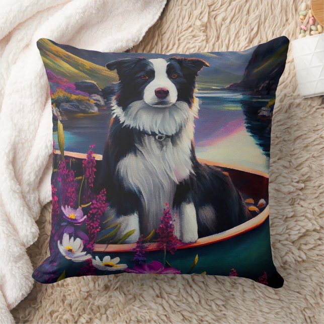 Border Collie on a Paddle: A Scenic Adventure  Throw Pillow (Blanket)