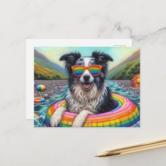 Border Collie on a Rainbow Color Float Postcard (Front/Back In Situ)