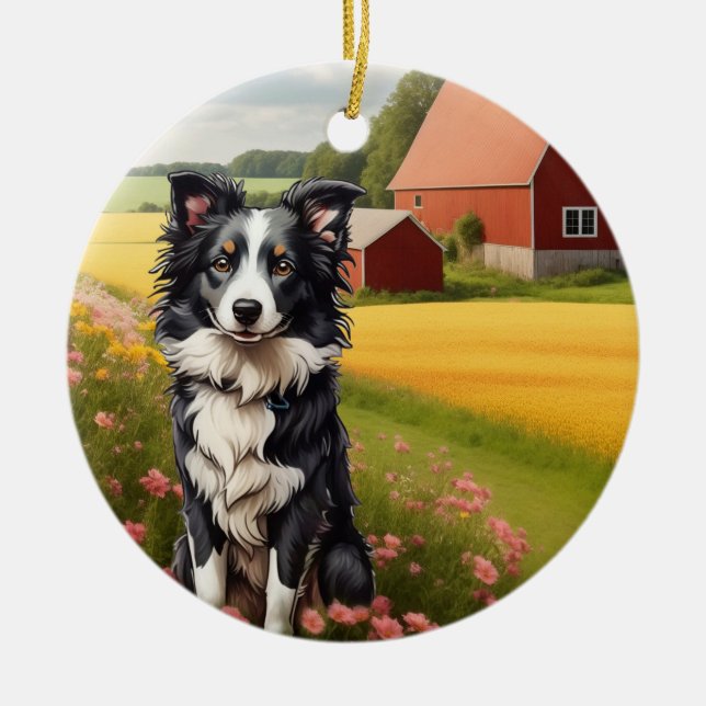 Border Collie on Farm Ceramic Ornament (Front)