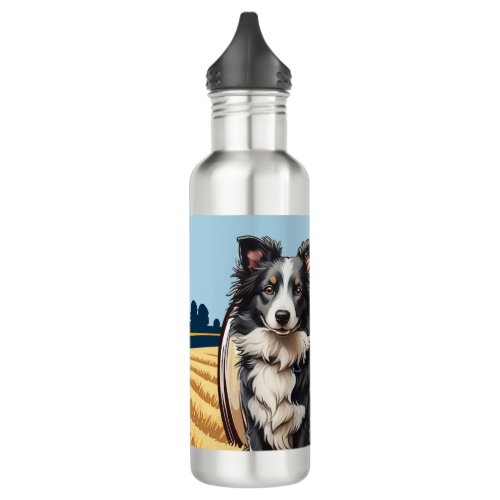 Border Collie on Farm Stainless Steel Water Bottle