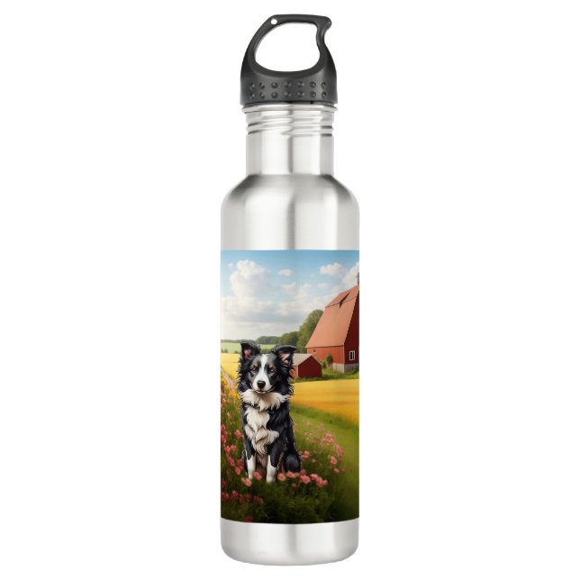 Border Collie on Farm Stainless Steel Water Bottle (Front)