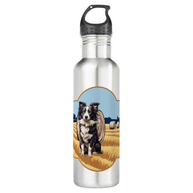 Border Collie on Farm Stainless Steel Water Bottle (Front)