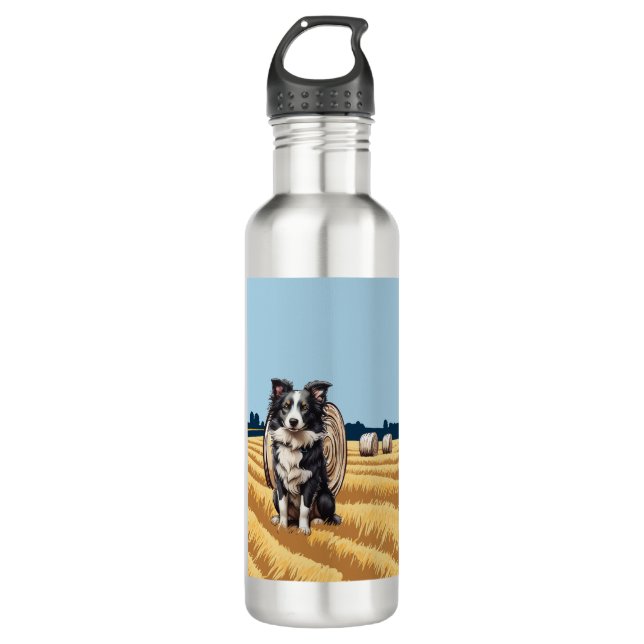 Border Collie on Farm Stainless Steel Water Bottle (Front)