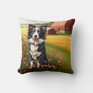 Border Collie on Farm Throw Pillow